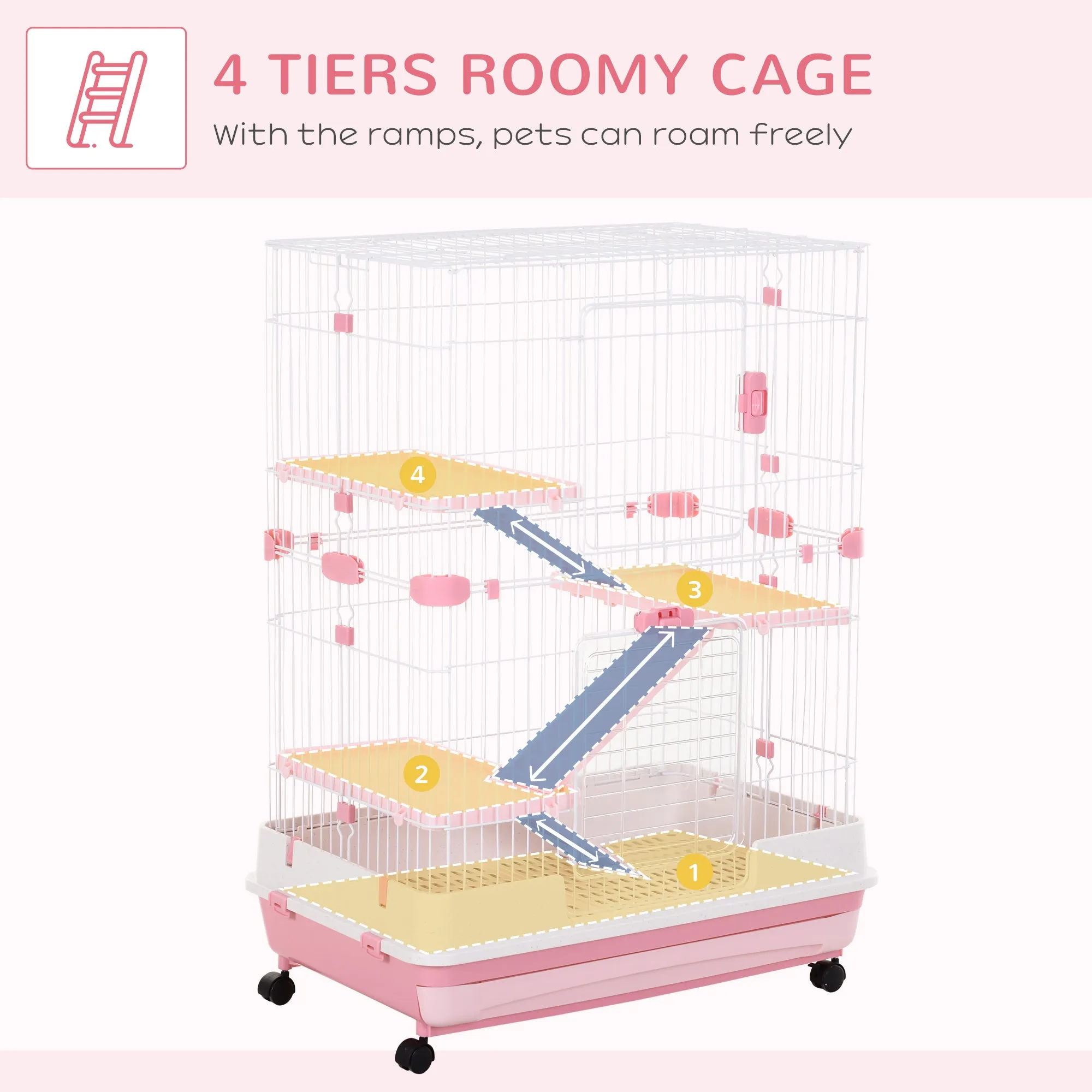 4-Level Small Animal Cage, Indoor Bunny House, for Ferrets, Chinchillas w/ Wheels, Slide-Out Tray, Pink, 81 x 52.5 x 114 cm