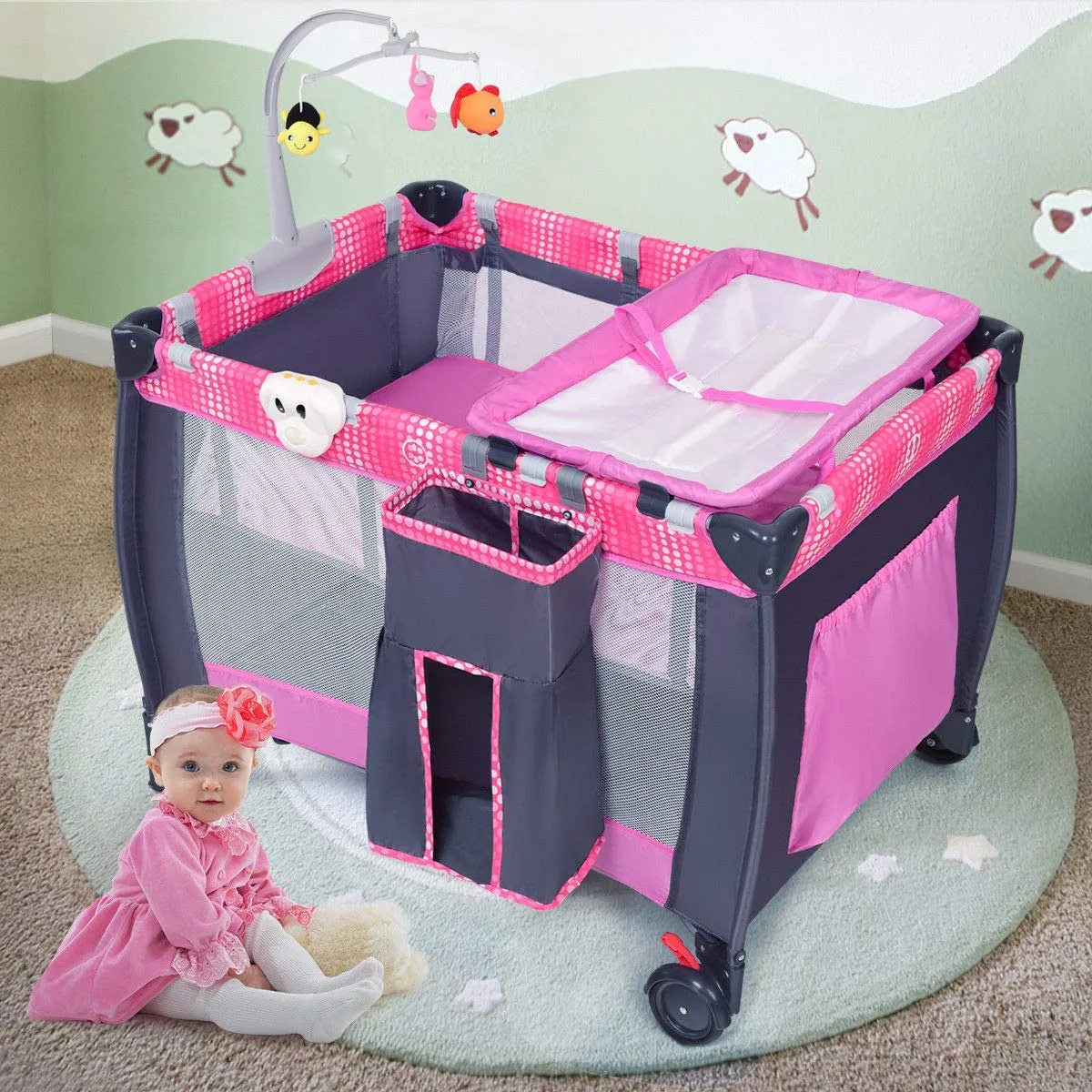 Baby Playard, Convertible Playpen with Bassinet, Changing Table, Foldable Travel Bassinet Bed with Music Box