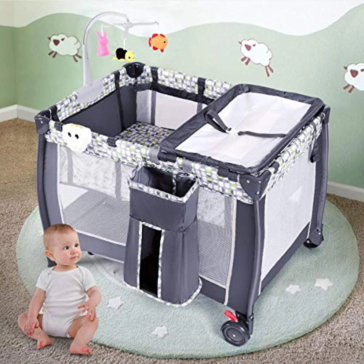 Baby Playard, Convertible Playpen with Bassinet, Changing Table, Foldable Travel Bassinet Bed with Music Box
