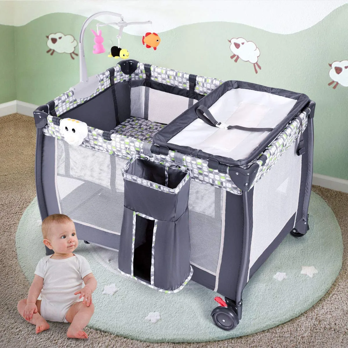 Baby Playard, Convertible Playpen with Bassinet, Changing Table, Foldable Travel Bassinet Bed with Music Box