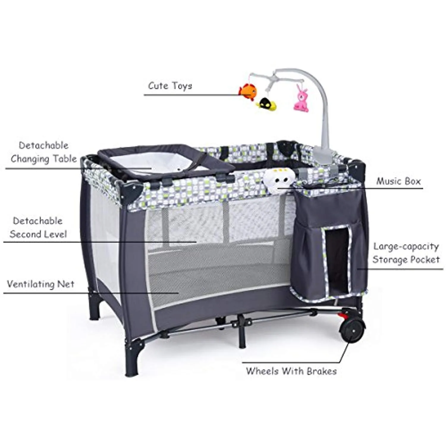 Baby Playard, Convertible Playpen with Bassinet, Changing Table, Foldable Travel Bassinet Bed with Music Box