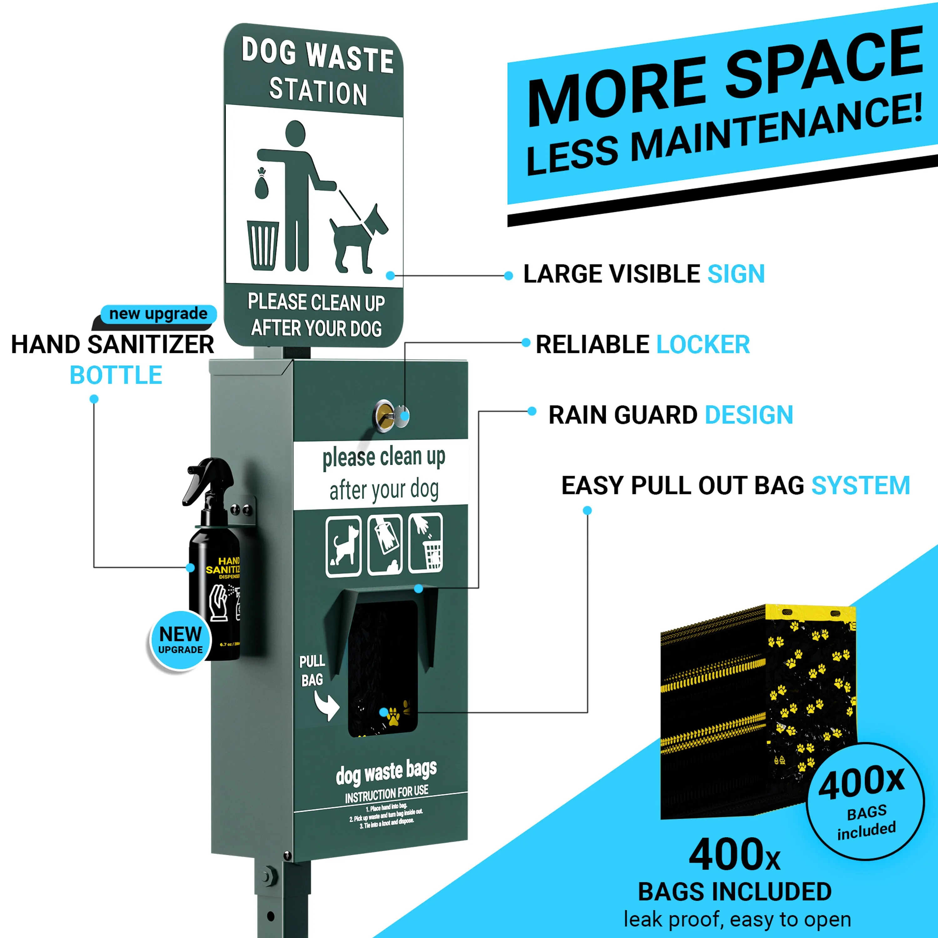 Kessler Pet Waste Station with Pedal Trash Can, Glow in the Dark Sign, Pull-Out Bag Dispenser, Hand Sanitizer Bottle, 400 Waste Bags and 50 Can Liners