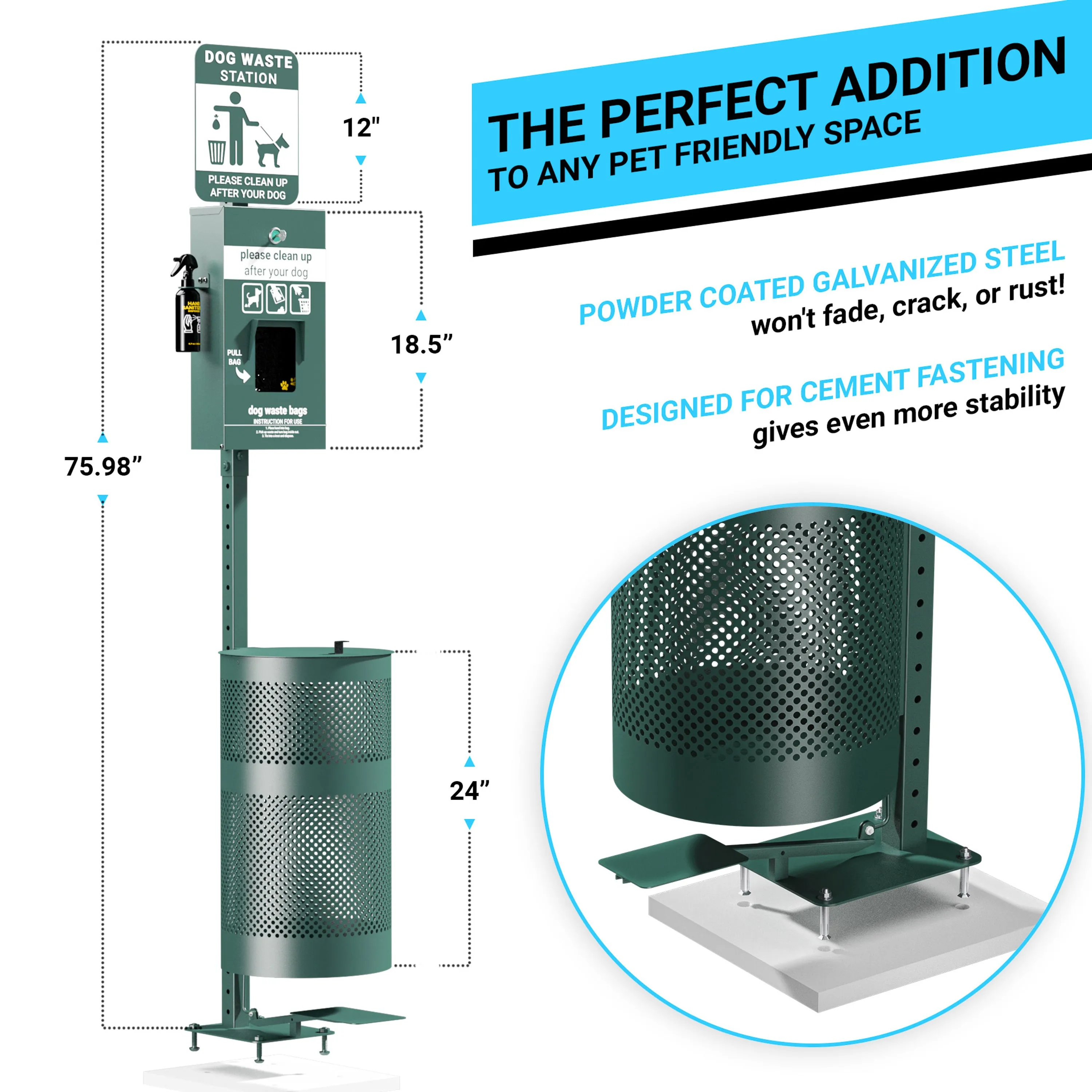 Kessler Pet Waste Station with Pedal Trash Can, Glow in the Dark Sign, Pull-Out Bag Dispenser, Hand Sanitizer Bottle, 400 Waste Bags and 50 Can Liners