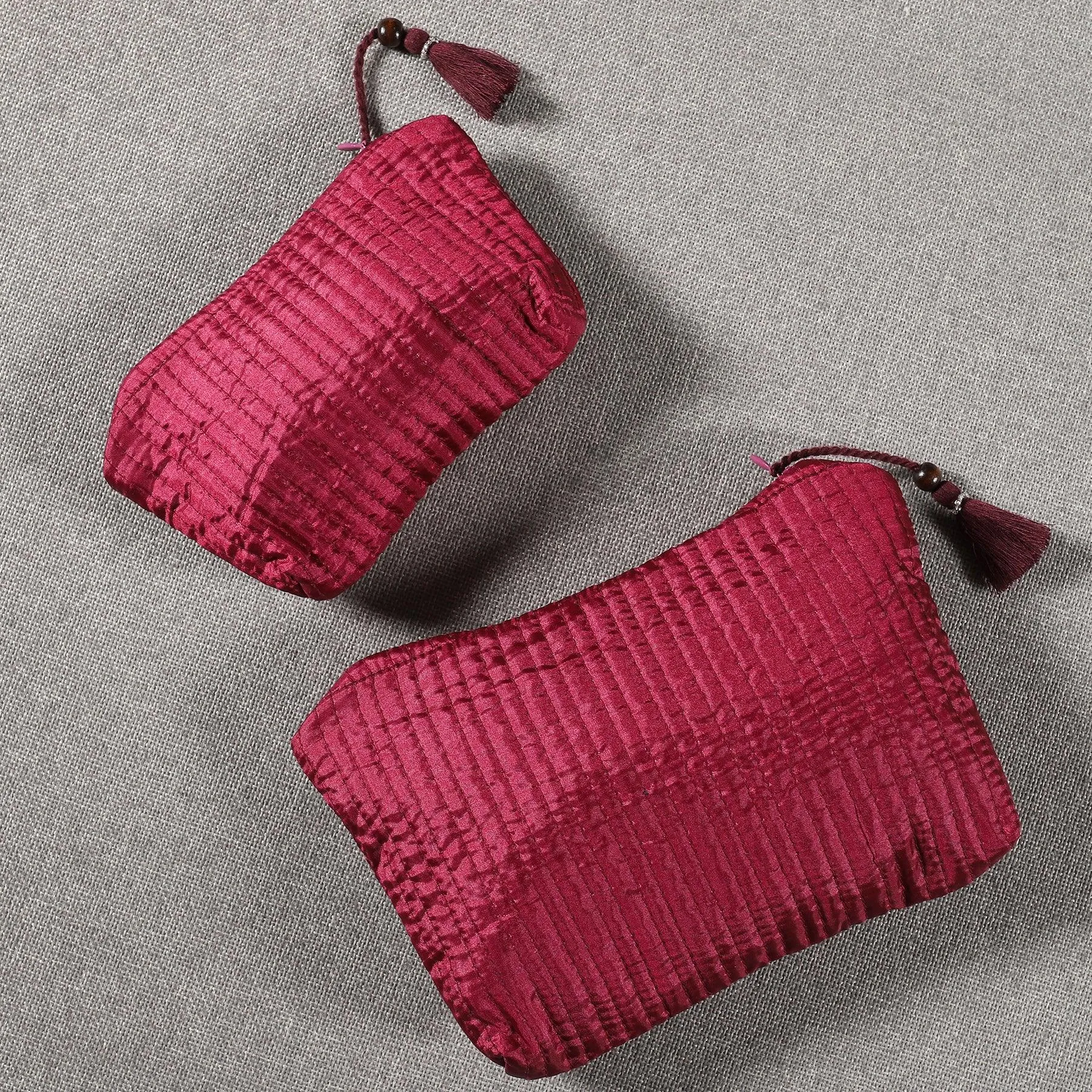 Maroon Quilted Silk Trinket Pouch (Set of 2)