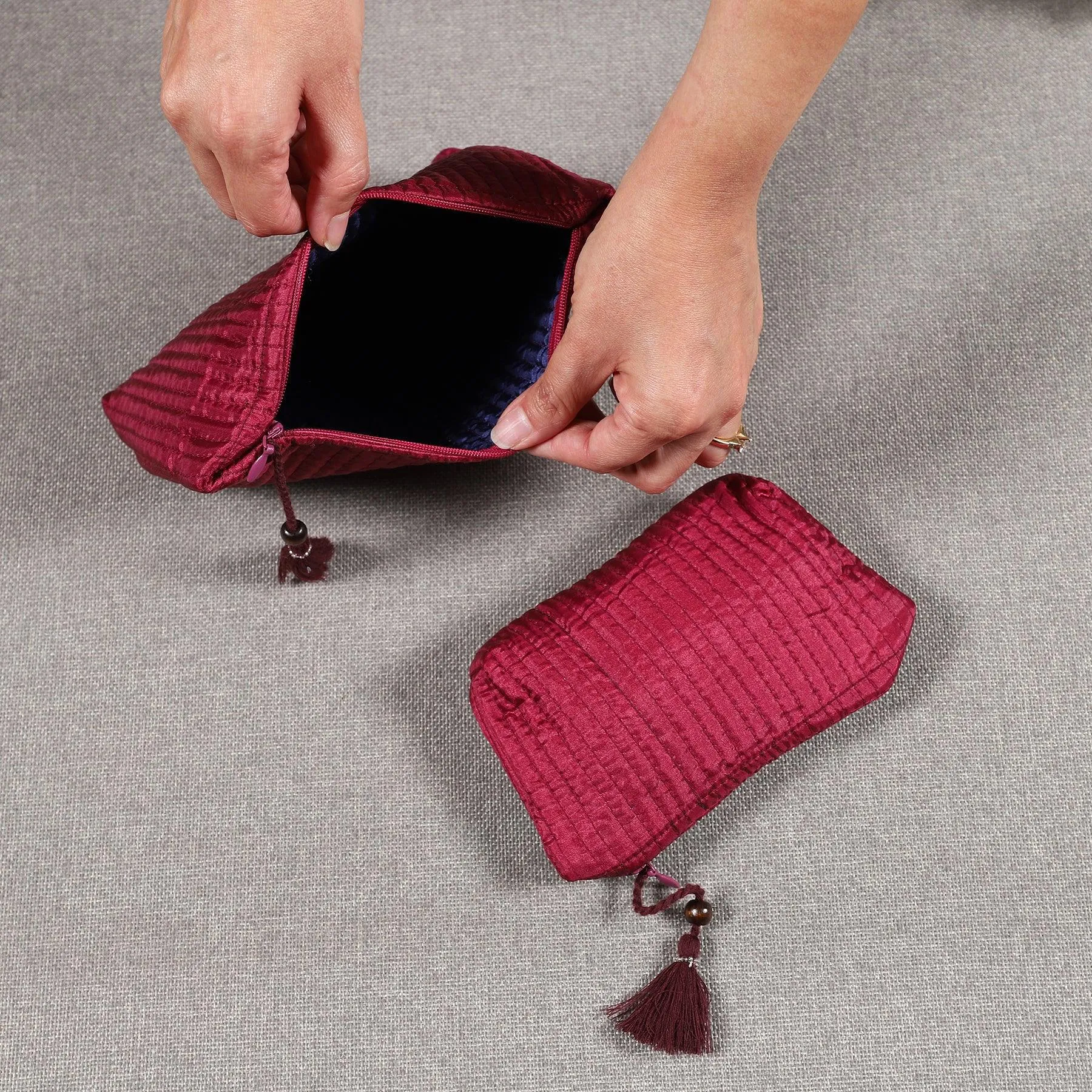 Maroon Quilted Silk Trinket Pouch (Set of 2)