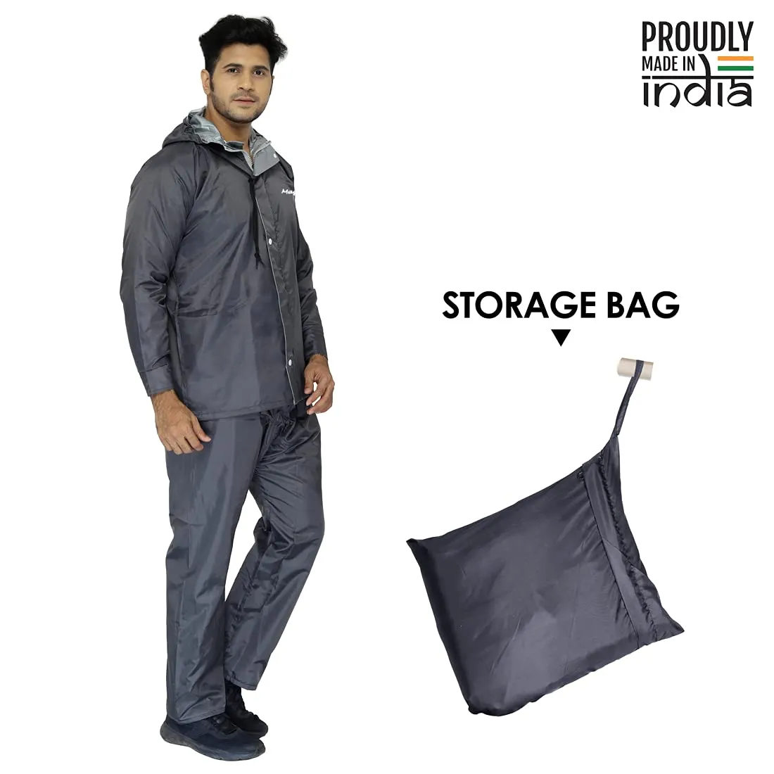 Reversible Men's Polyester Waterproof Raincoat with Hood | Set of Top and Bottom | 2XL | Magic Grey