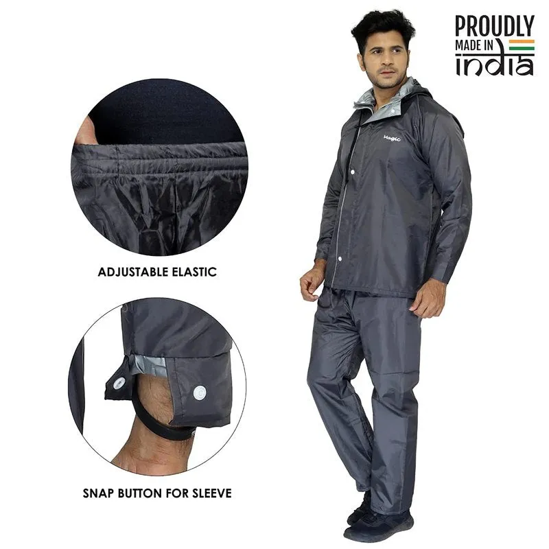 Reversible Men's Polyester Waterproof Raincoat with Hood | Set of Top and Bottom | 2XL | Magic Grey