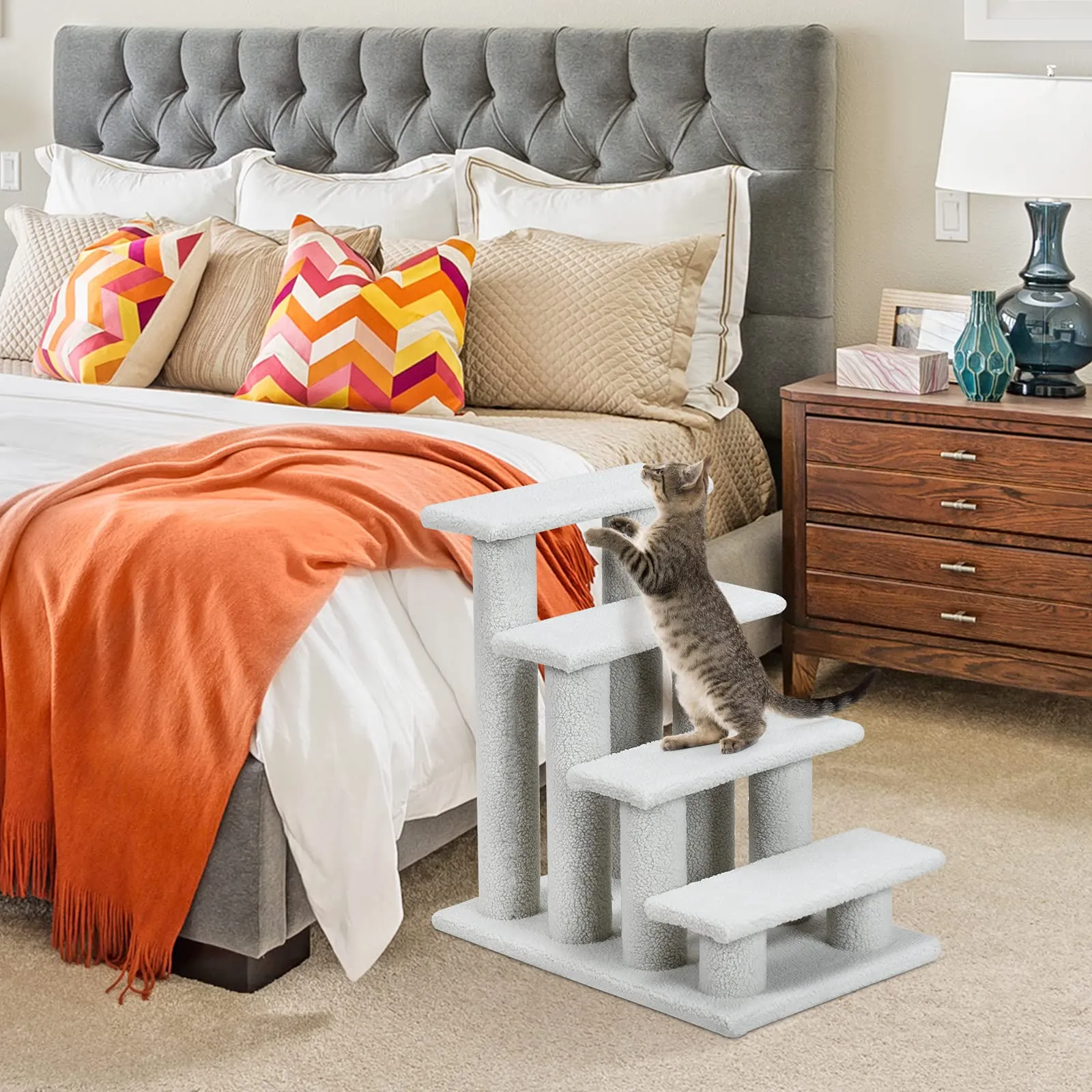 Tangkula Pet Stairs for Cats and Dogs, 4-Step Carpeted Ladder Ramp Cat Climber Cat Scratching Post