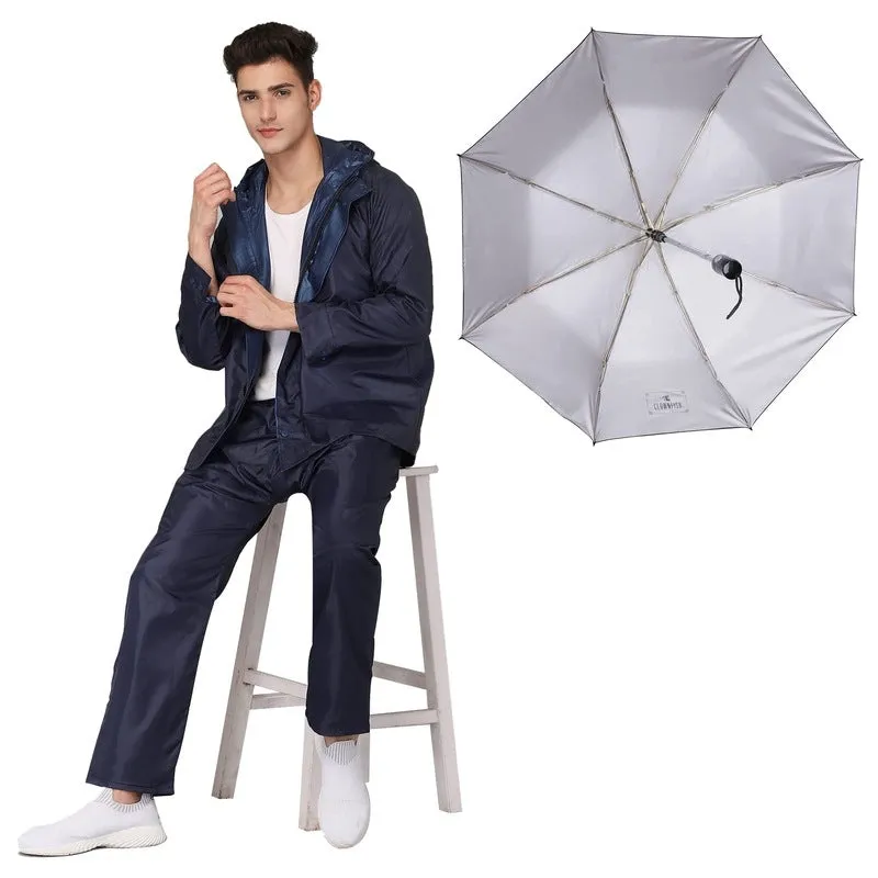 THE CLOWNFISH Combo Of Rain Coat for Men Waterproof Polyester (Blue 3XL) Umbrella Savior Series 3 Fold Waterproof Polyester (Black)
