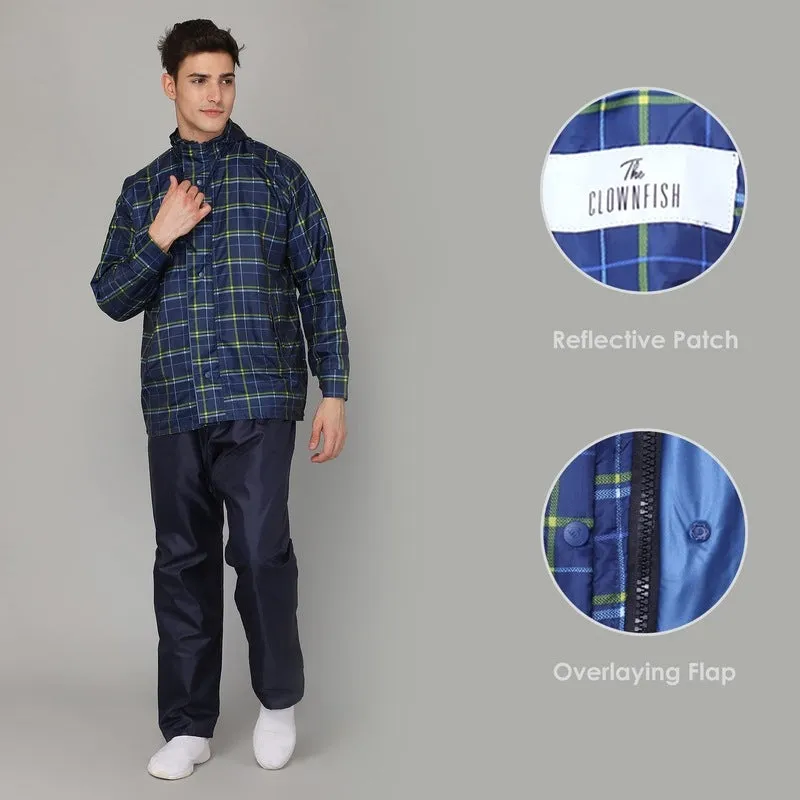 THE CLOWNFISH Majestic Pro Series Men's Waterproof Polyester Double Coating Reversible Raincoat with Hood and Reflector Logo at Back for Night Travelling. Set of Top and Bottom (Blue, XXXL)